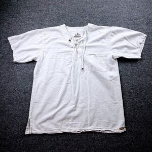 Mens White Cotton Beach Shirt Lace Up Short Sleeve Casual Summer Size L